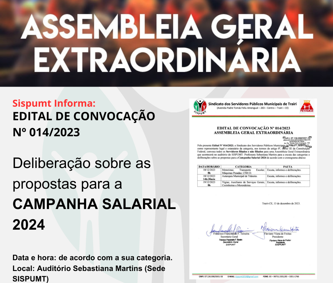 ASSEMBLEIA GERAL EXTRAORDINÁRIA – EDITAL DE CONVOCAÇÃO Nº 014/2023